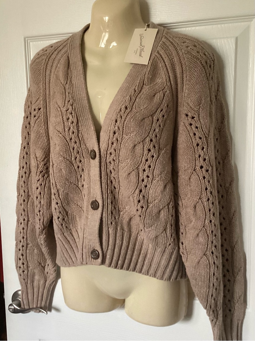 NWT Cable Knit Button-Front Cardigan S Taupe Universal Thread